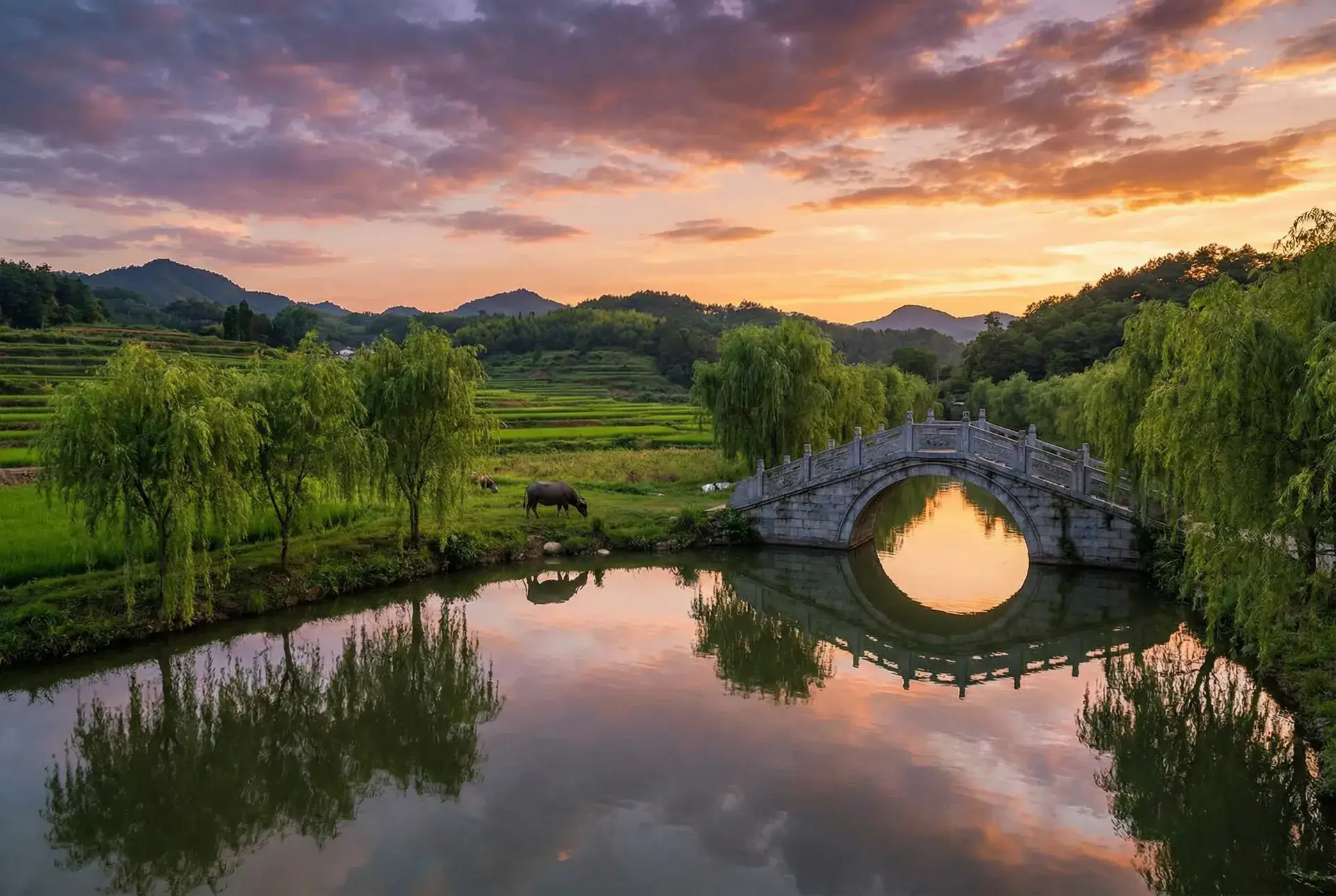 夕阳下的石拱桥与垂柳，水牛在河边吃草 - 核酸码 乡村美景